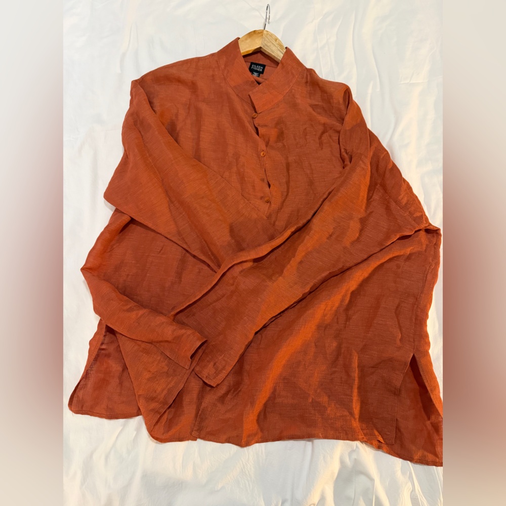CURATED BY RUA'H KIBRIYA: Women's XL Linen Silk Sheer Terracotta Blouse